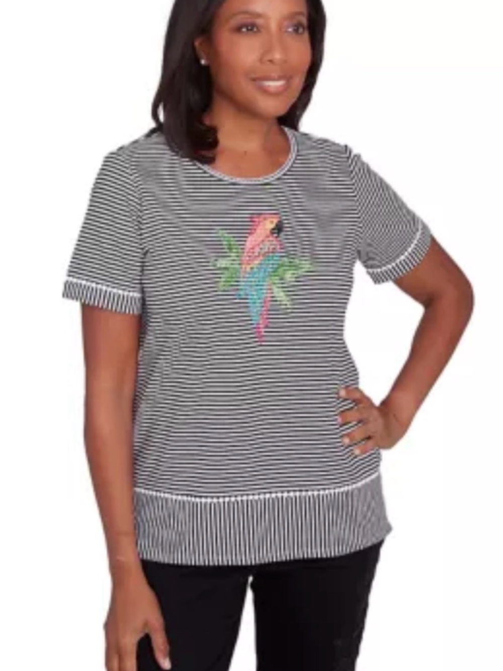 Alfred Dunner Black & White Striped Short-Sleeve Tee with Colorful Parrot